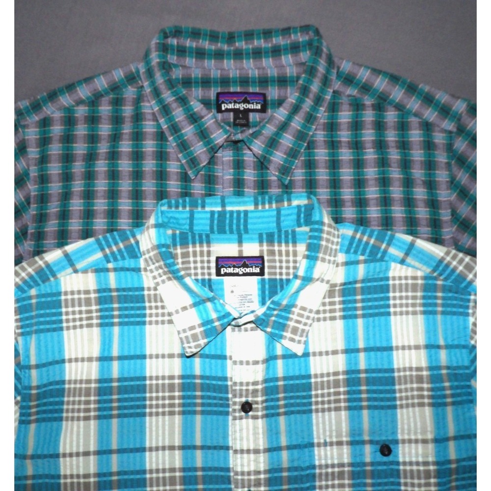 Lot of‎ 2~ PATAGONIA Seersucker Short Sleeved Plaid Button Up Shirts Men's Large